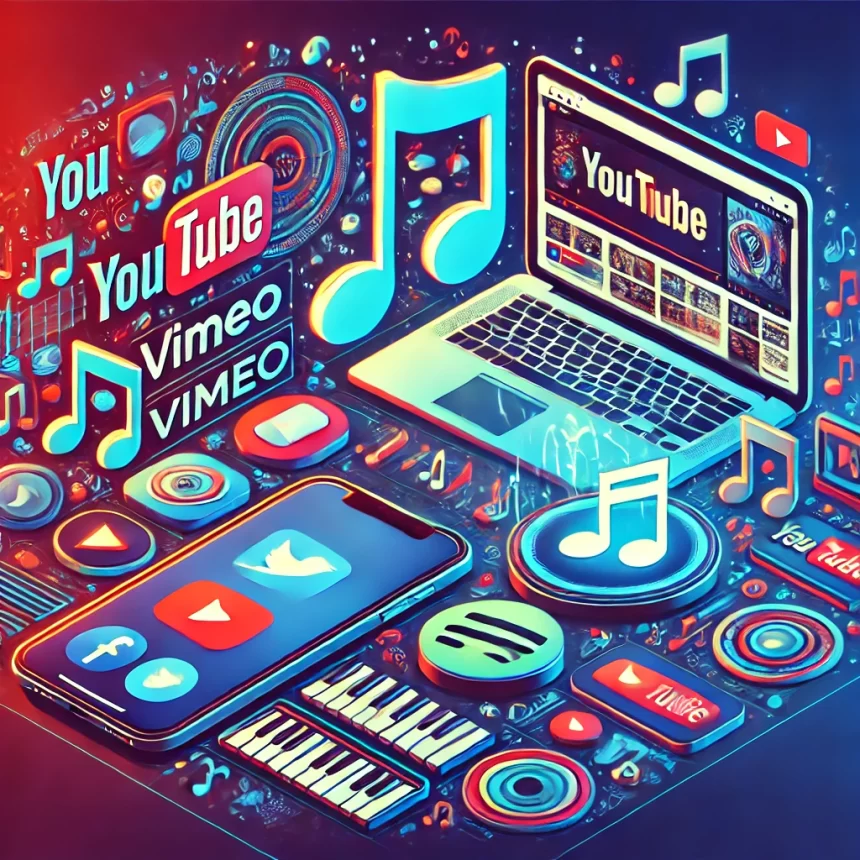 An illustration featuring top platforms for streaming music videos, including YouTube, Vimeo, and Spotify.