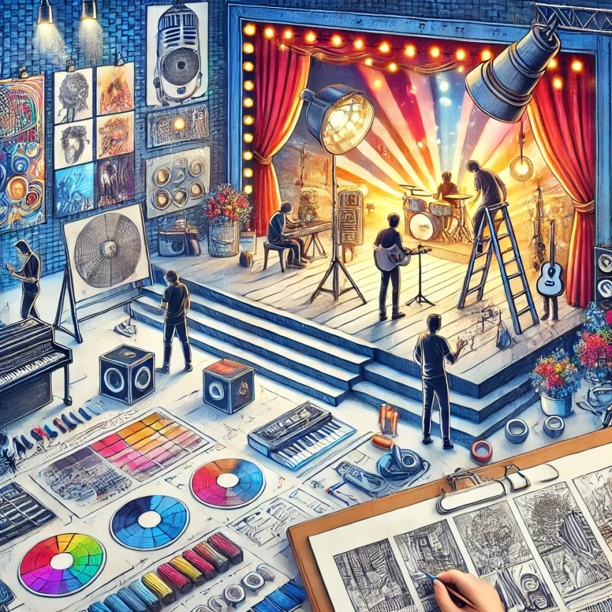 A creative depiction of a music video set design process with props, lighting, and collaboration.