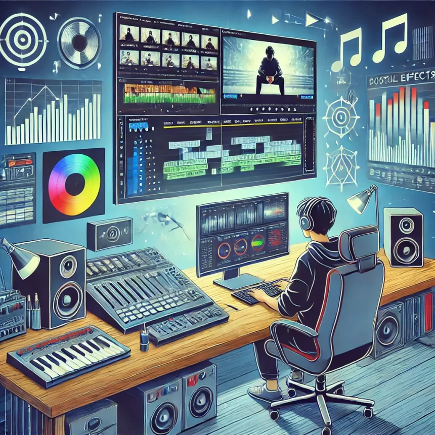 A detailed illustration of the editing and post-production process for a music video with color grading and effects.