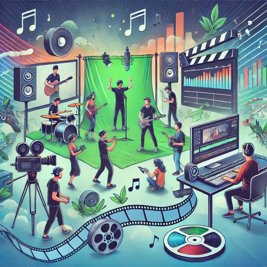 An illustration depicting the process of creating a music video, including filming, directing, and editing.