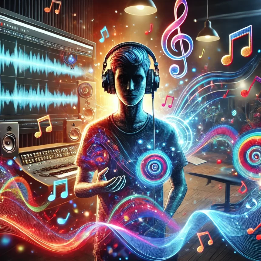 Person holding headphones while selecting music for videos, surrounded by musical icons and video timeline