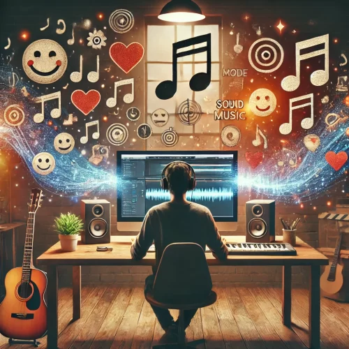 Person choosing music for videos in a creative studio with floating music icons and editing software