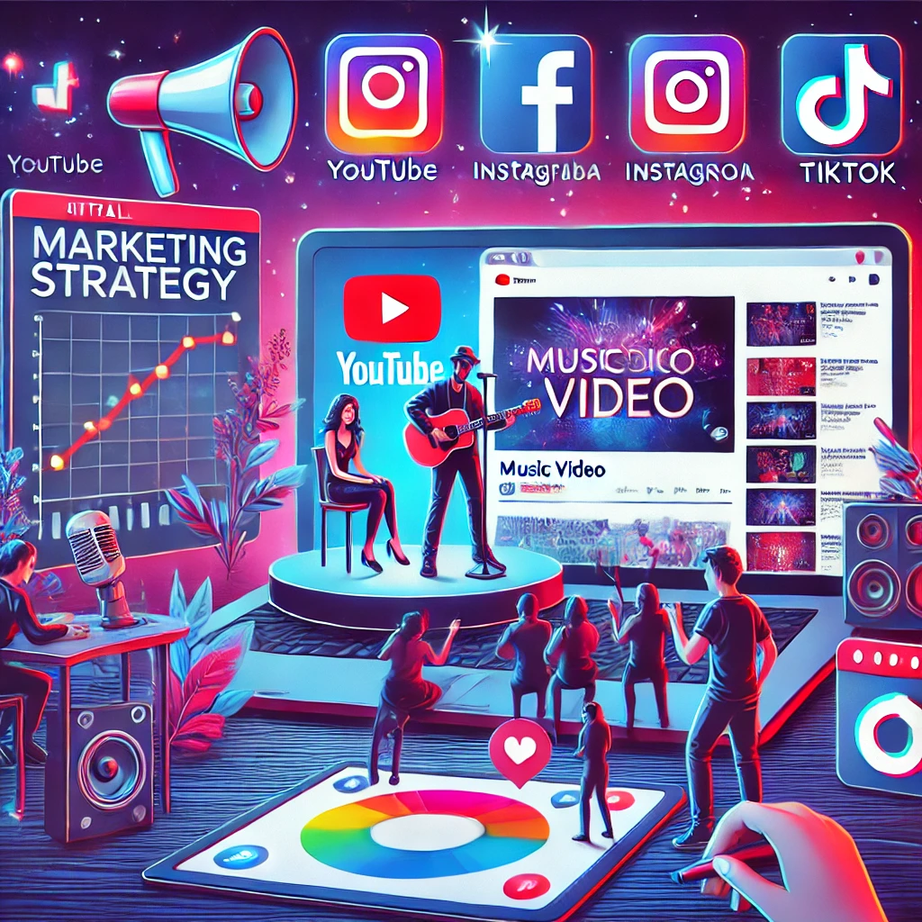 A vibrant illustration showing digital marketing strategies to promote a music video on social media platforms.