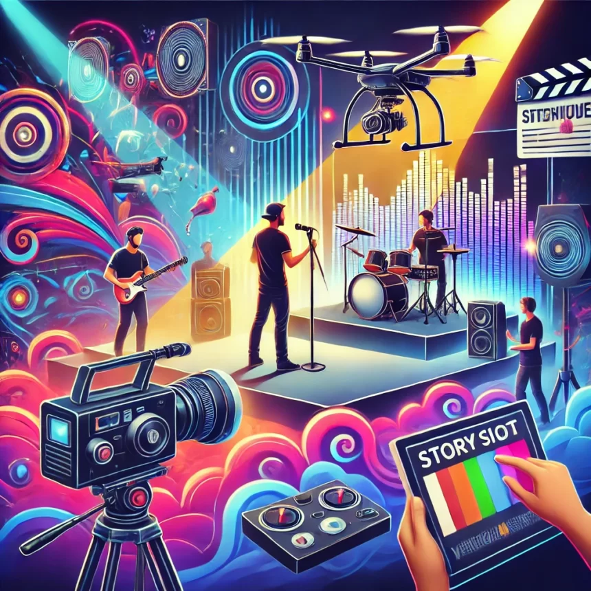 A professional illustration showing a videographer capturing a music video with dynamic lighting and advanced techniques.