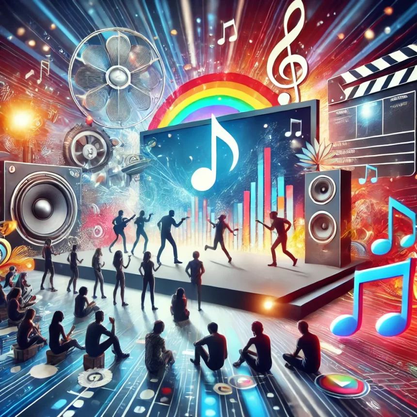 A vibrant illustration showing the concept of music videos with dynamic performances, colorful lights, and cinematic elements.